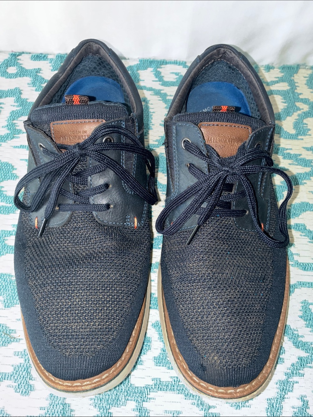 Men’s Nunn Bush + Bloom Navy Knit Lace-Up Casual Loafers with Brown Trim Sz 8.5W
